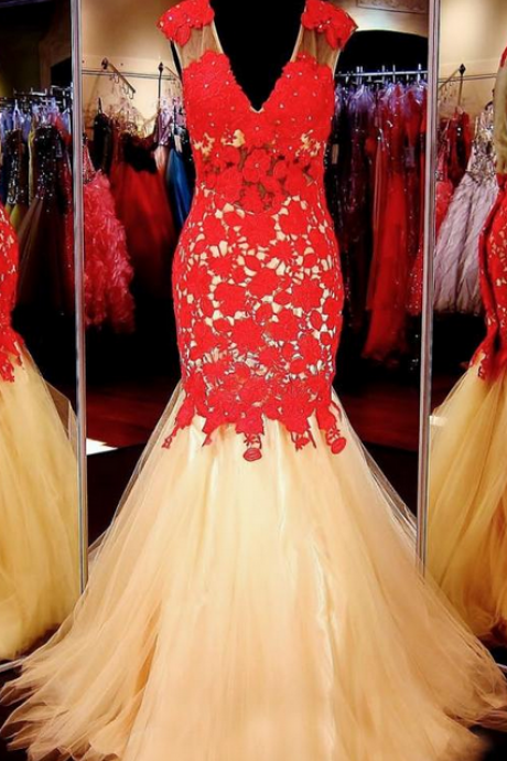 Gold Prom Dress With Red Lace,formal Dress,prom Dress Mermaid,lace Prom Gown,prom Dress Long,homecoming