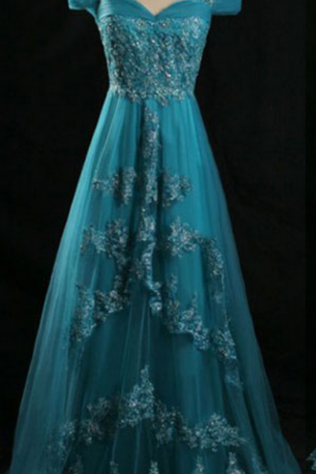 Long Prom Dress, Lace Prom Dresses, Blue Prom Dress, Vintage Bridesmaid Dress, 50s' Prom Dress, Short Sleeve Prom Dress,