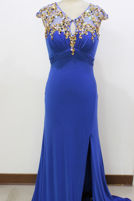 Prom Dress, Simple Real Image Picture Evening prom Dresses New Cheap, Sexy Royal Blue Side Slit Flower 