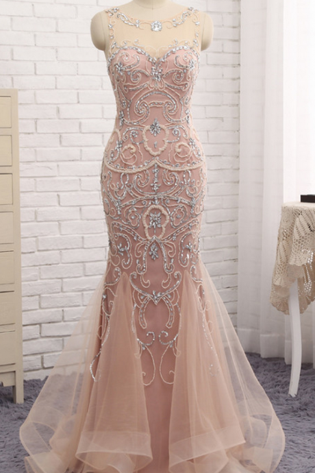 Mermaid Prom Dresses,dubai Long Charming Prom Dress Evening Dresses Blush Crystal Beaded Pearl Sheer Prom Dress