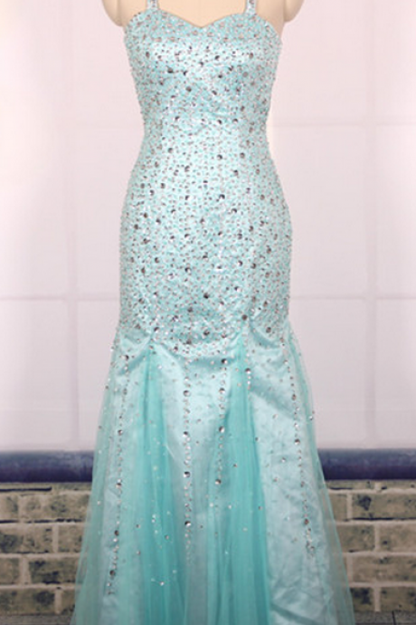 Prom Dress, Custom Ball Gown Heavy Beaded Sexy Backless Blue Long Mermaid Prom Dresses Gowns, Formal
