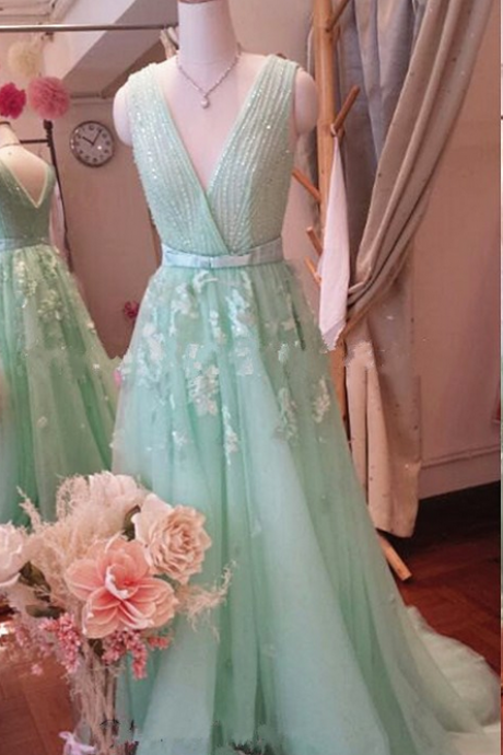 Prom Dresses, Custom Made Mint Green Chiffon Prom Dress,appliques Evening Dress,v-neck Party Dress,chiffon Prom Dress,high Quality