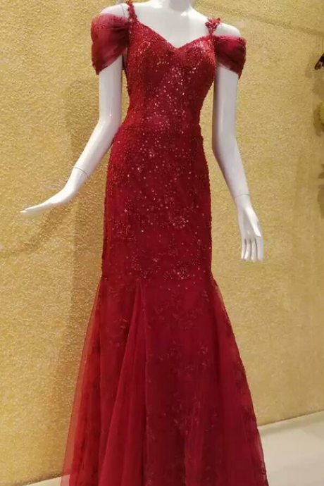 Evening Dress,red Evening Dress,sequined Evening Dress,beaded Evening Dress,mermaid Evening Dress,