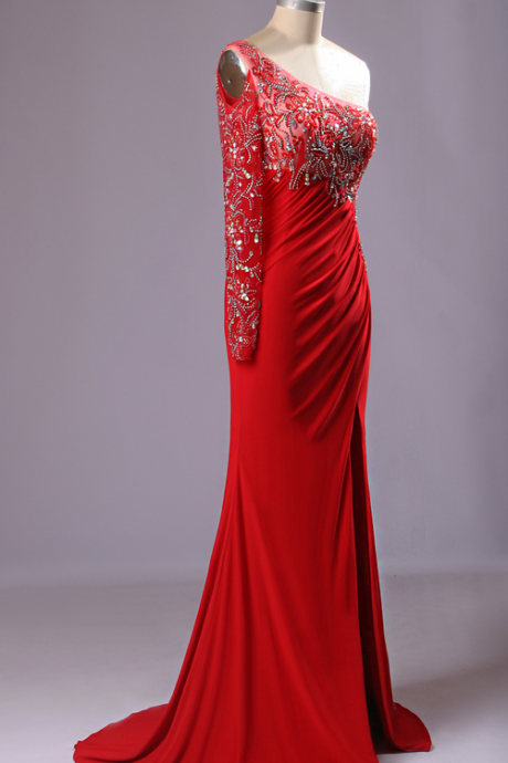 Prom Dresses,Evening Dress,Party Dresses,Red Bling One Shoulder Beads Crystal Vestido Para Formatura Longo Sexy