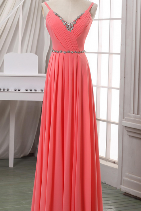 Prom Dresses,evening Dress,party Dresses,coral V Neck Long Chiffon Evening Dress/prom Dress/party Dress