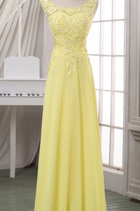Prom Dresses,evening Dress,party Dresses, Yellow Lace Evening Dress,lace Appliqued V Back Evening