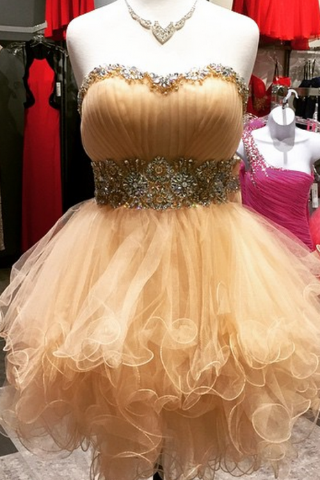 Prom Dresses,evening Dress,chic Beaded Sweetheart Organza Ruffles Short Prom Dress Ball Gowns