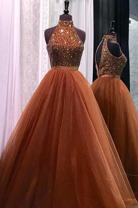 Prom Dresses,evening Dress, Prom Dress,modest Prom Dress,high Neck Open Back Coffee Tulle Ball Gowns Prom Dresses Crystal Beaded