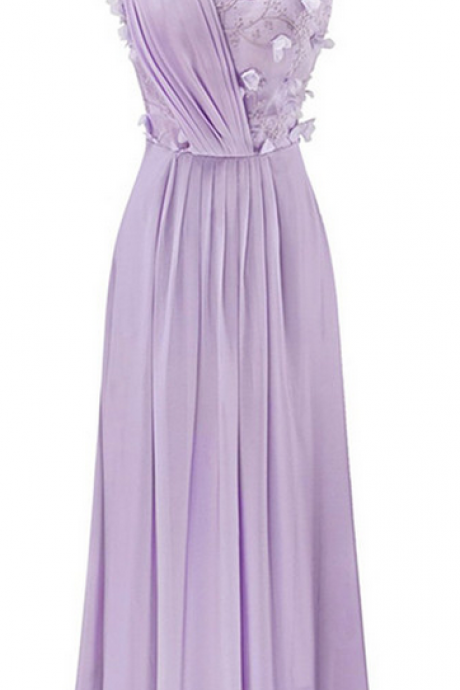 Prom Dresses,evening Dress,prom Gown,lilac Sleeveless A-line Long Chiffon Bridesmaid Dress With Floral Appliques