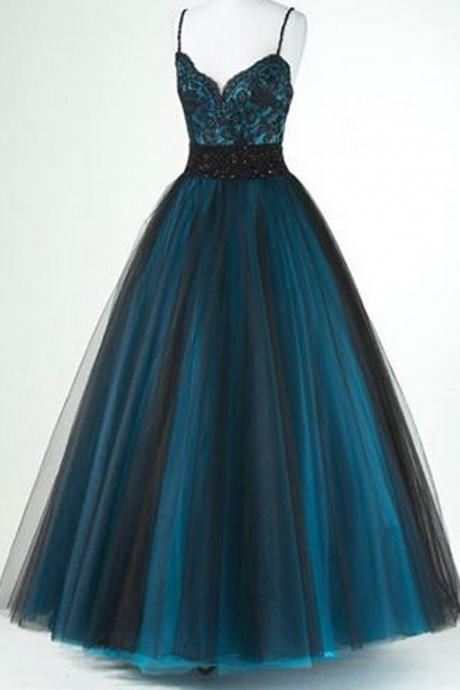 Spaghetti Straps V-neck A-line Prom Gown with Lace Bodice