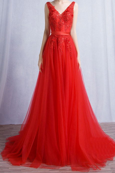 Prom Dress,sleeveless Red A Line Evening Dress,backless Charming Tulle Prom Dresses,