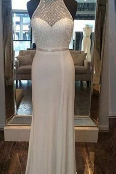 White Chiffon Halter Sequins Simple Long Prom Dresses For Teens ,shining Evening Dresses