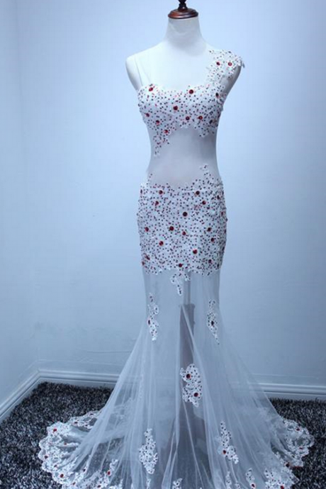 Custom Made White Prom Dress,sexy See Through Evening Dress,mermaid Beaded Party Dress