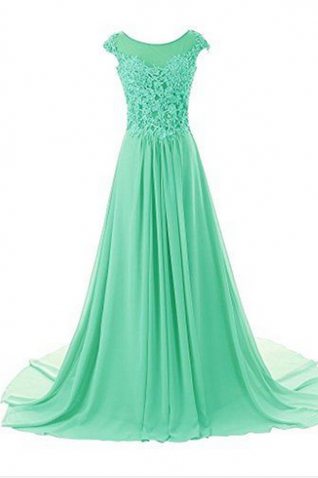 Cap Sleeve A-line Chiffon Lace Evening Dress Prom Gown Long Emerald Green Dress
