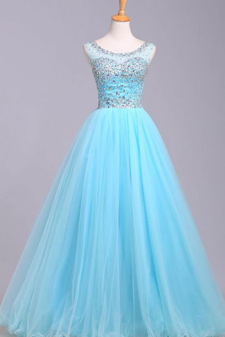 Light Blue Prom Dresses,Tulle Prom Dress,Modest Prom Gown,Silver BeadedProm Gown,Princess Evening Dress
