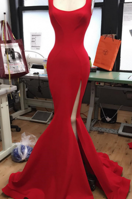 Long Red Jersey Prom Dress,elegant Formal Dress,slit Prom Dress,red Evening Gowns,prom Dress Mermaid