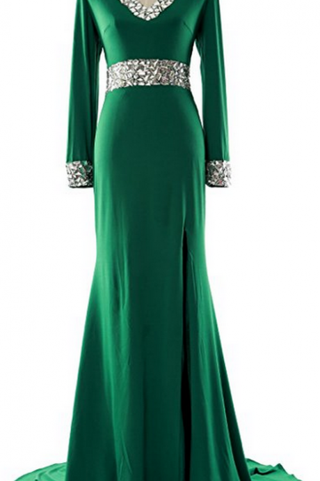 Long Sleeve Prom Dress,mother Of The Bride Dress V Neck Formal Evening Gown
