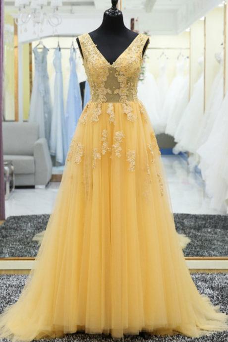V Neck Lace Applique Prom Dress,a Line Lace Up Back Yellow Prom Dresses,long Prom Gown Formal Evening Party Dress
