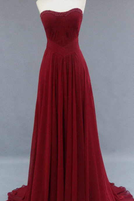 Beaded Embellished Burgundy Chiffon Sweetheart Floor Length A-line Prom Dress, Formal Dress, Bridesmaid Dress