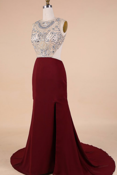 Slit Side Chiffon Women Evening Gowns Sexy Backless Cap Sleeve Crystal Beaded Floor Length