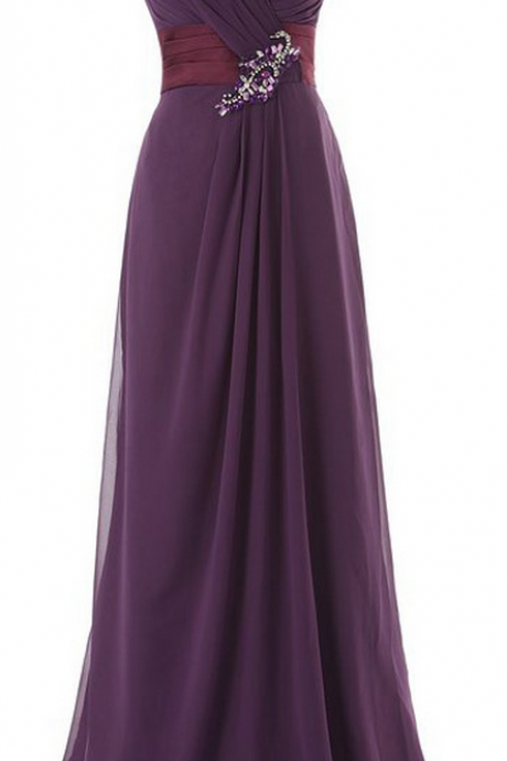 Purple Floor Length Chiffon Sheath Evening Dress Featuring Ruched Sweetheart Bodice With Jewelled Embellishment