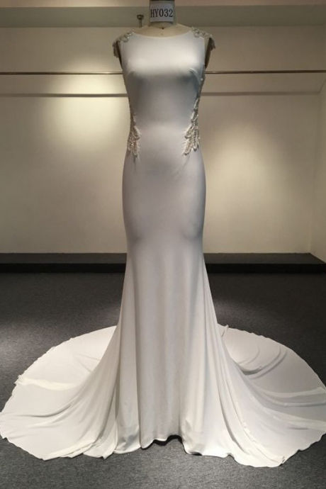 Evening Dresses High Neck All White Sexy Backless Jersey Mermaid Prom Dress Hy032 Real Sample
