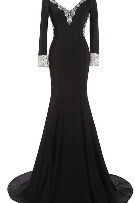 Black Sexy Long Prom Dresses, Long Sleeves Evening Dresses