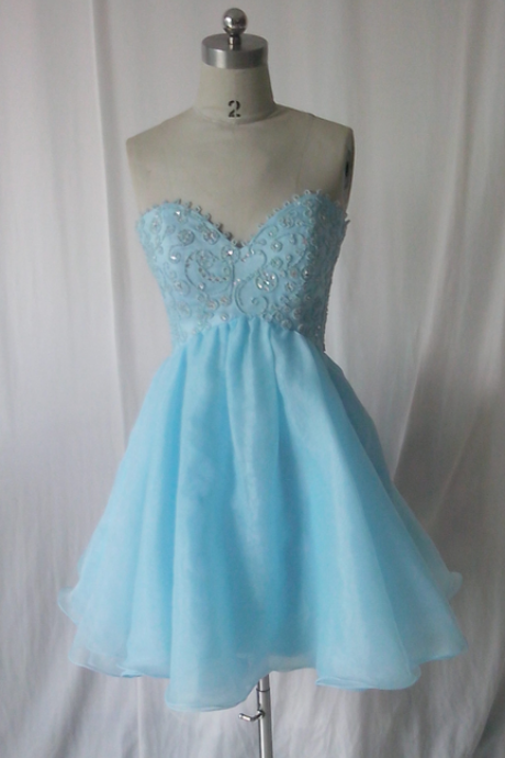 Sweetheart Short Baby Blue Prom Dress Lovely prom dress,short prom dress,light blue prom dress,organza prom dress,prom dress with beaded