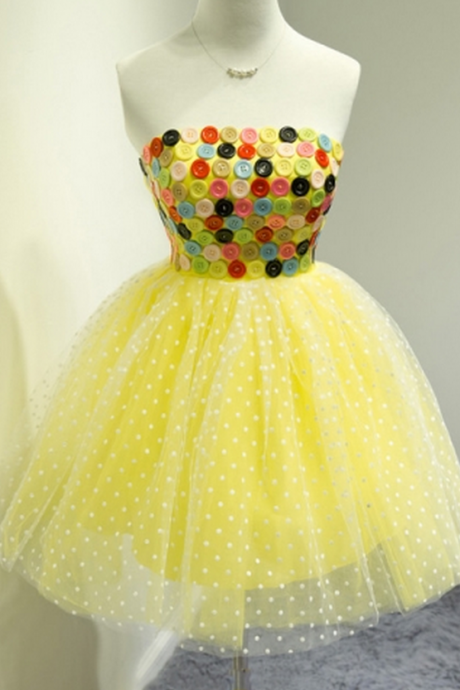 Yellow A-line Strapless Button Short Homecoming Dress