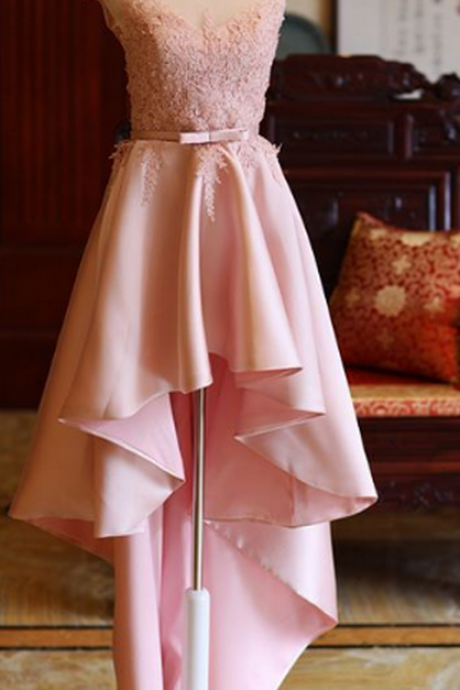 Cute High Low Homecoming Dresses, Lace-up Formal Dresses, Lovely Satin Pink Prom Dresses