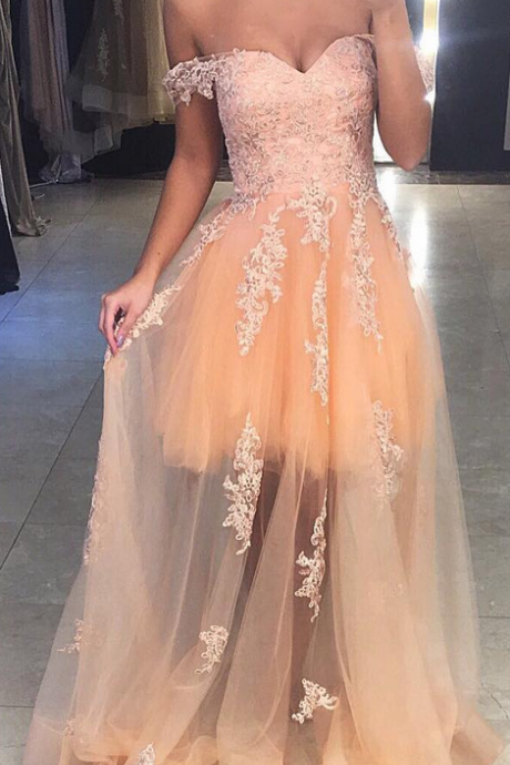 Champagne Tulle Prom Dresses, Off Shoulder Sweetheart Party Dresses