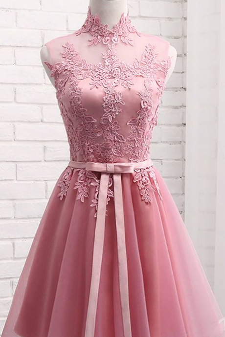 Pink High Neckline Lace Applique Homecoming Dress