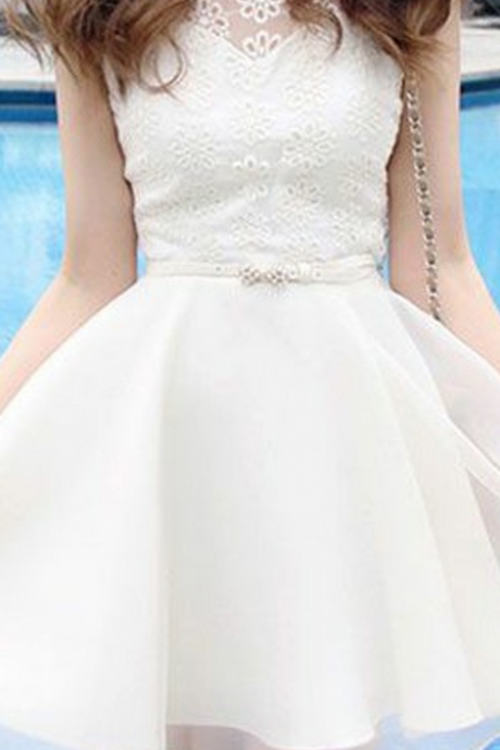 White Bateau Short Open Back White Organza Homecoming Dress With Lace