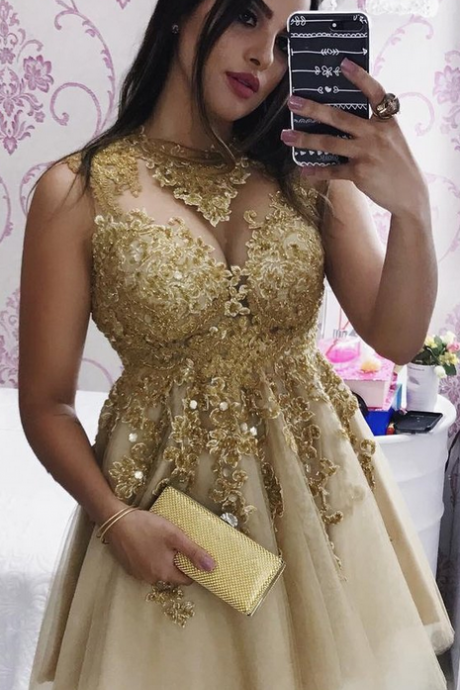 Gold Lace Short Prom Dresses High Neck Elegant Champagne Tulle Mini Party Dress Empire Pageant Gowns ,gold Cocktail Dress