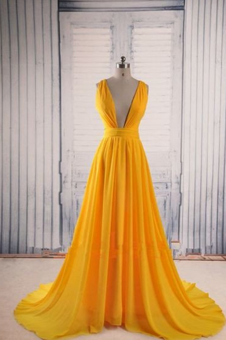 Yellow Prom Dresses,v-neck Prom Dress, Prom Dress,party Prom Dress,evening Dress