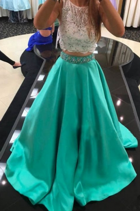 two pieces prom dress,long A-line prom dress,blue prom dress,beaded prom dress,princess evening gown