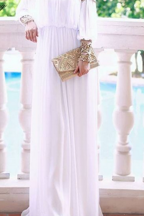 Simple Style White Chiffon Prom Dress Long Sleeves Prom Dresses Party Dress