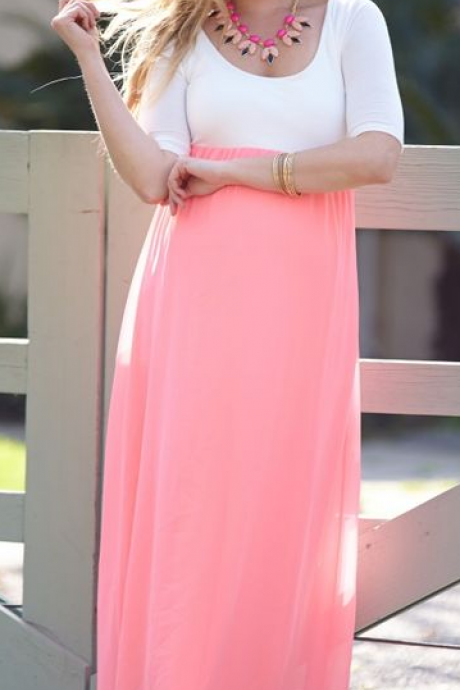 Elegant Simple Style Prom Dress White And Pink Chiffon Long Prom Dresses Party Dress