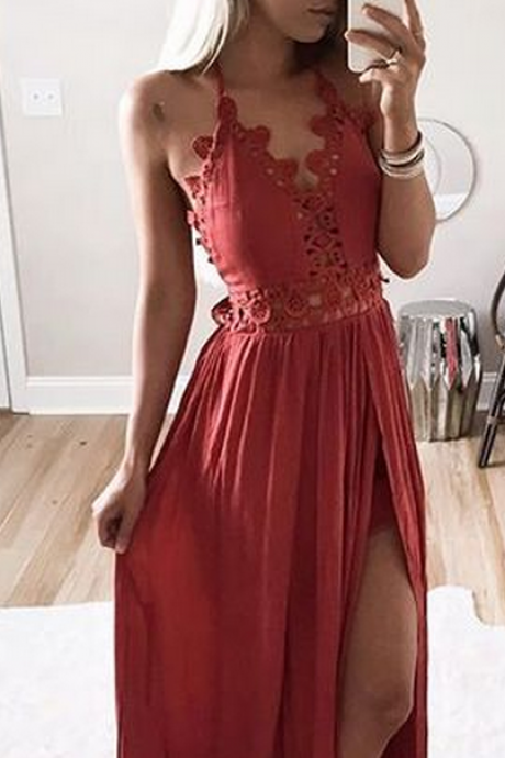 Sexy A-line Prom Dress Dark Red Prom Dresses Lace Bodice Side Slit Chiffon Evening Dress Formal Dress