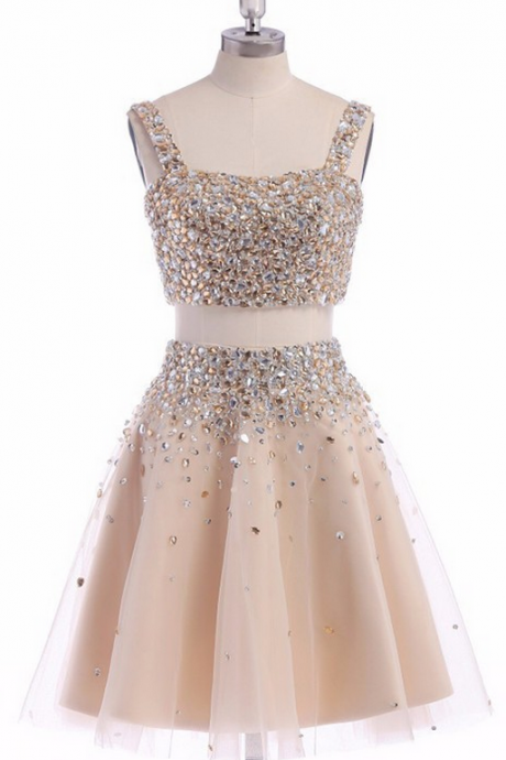 Champagne Homecoming Dresses Zipper-up Sleeveless Tulle Beaded Above-knee Square Neck A Line