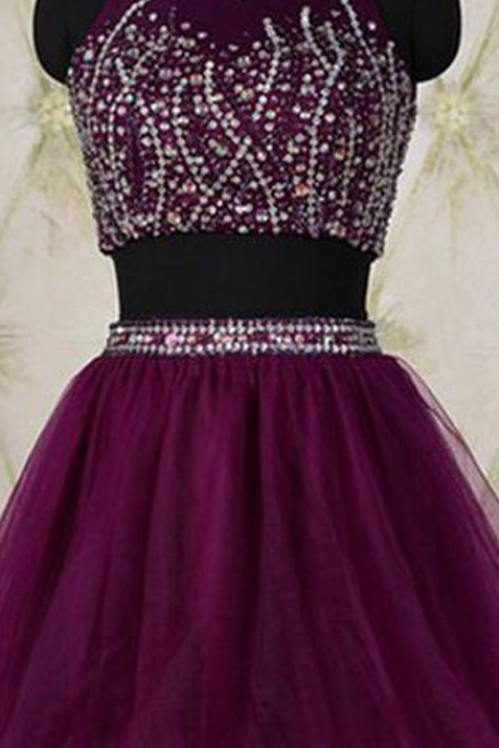 Grape Homecoming Dresses Zipper-Up Sleeveless Tulle Crystal Beads Ruffle Short Jewels Aline