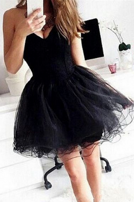 Black Homecoming Dresses Sheer Back Sleeveless Tulle Tulle Mini Sweetheart Neckline A-line/column