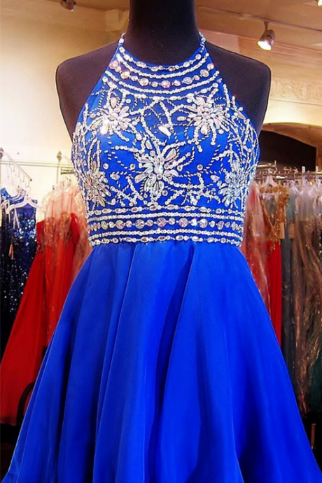 Royal Blue Homecoming Dresses Zipper-Up Sleeveless Crystal Floral Pin Above-Knee Haltered A Line