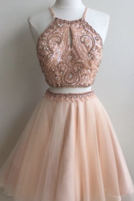 Champagne Homecoming Dresses Open Back Spaghetti Strap Beaded Above-knee Strap A Line