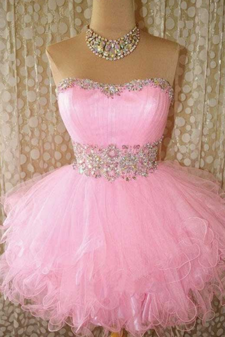 Pink Homecoming Dresses Zipper-up Sleeveless Crystal Beads Ruffle Above Knee Sweetheart Neckline A Lines