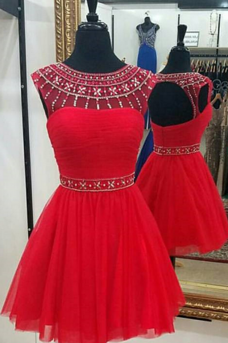 Red Homecoming Dresses Open Back Sleeveless Beadings Short O-neck Ball Gowns