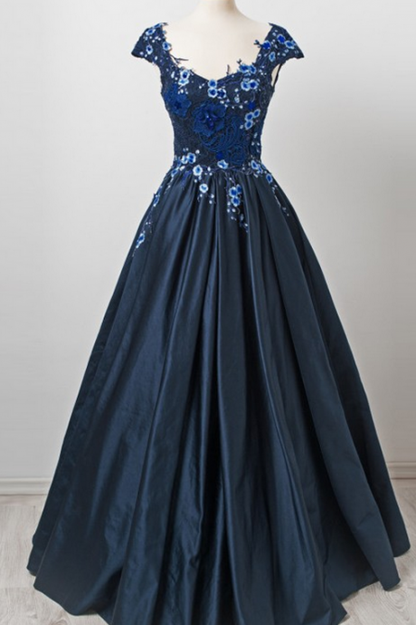 Dark Navy Homecoming Dresses Zippers Capped Sleeves Matte Satin Embroidered Floor Length O-neck A Lines