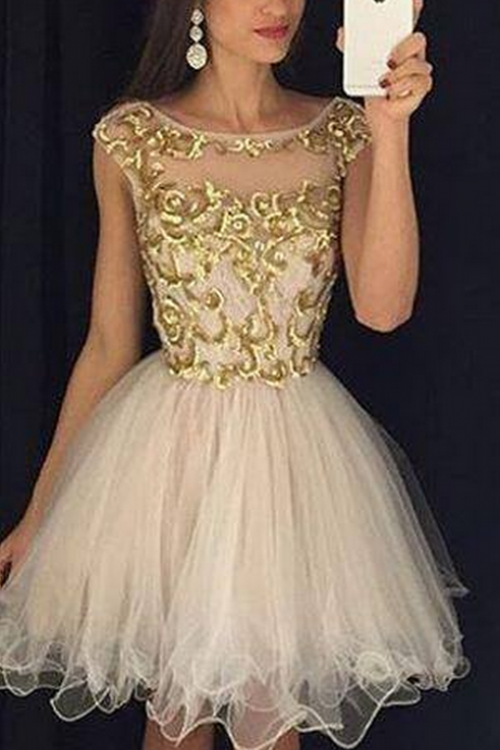 Champagne Homecoming Dresses Zippers Capped Sleeves Tulle Applique Mini Scoop A-line/column