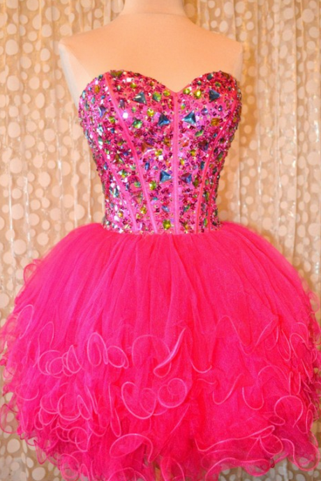 Pink Homecoming Dresses Laced Up Sleeveless Crystal Beads Ruffle Above Knee Sweetheart Neckline A-line/column