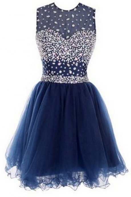 Blue Homecoming Dresses Zipper-up Sleeveless Beadings Above Knee Scoop Aline